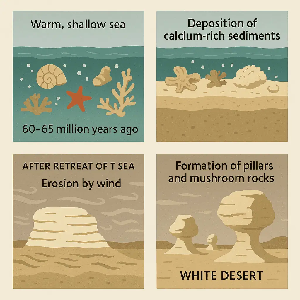 come si sono formate nei secoli le tipiche rocce del deserto bianco, 65 milioni di anni fa c' era il mare poi resti di molluschi e sedimenti hanno creato queste rocce che sono state poi levigate dal vento