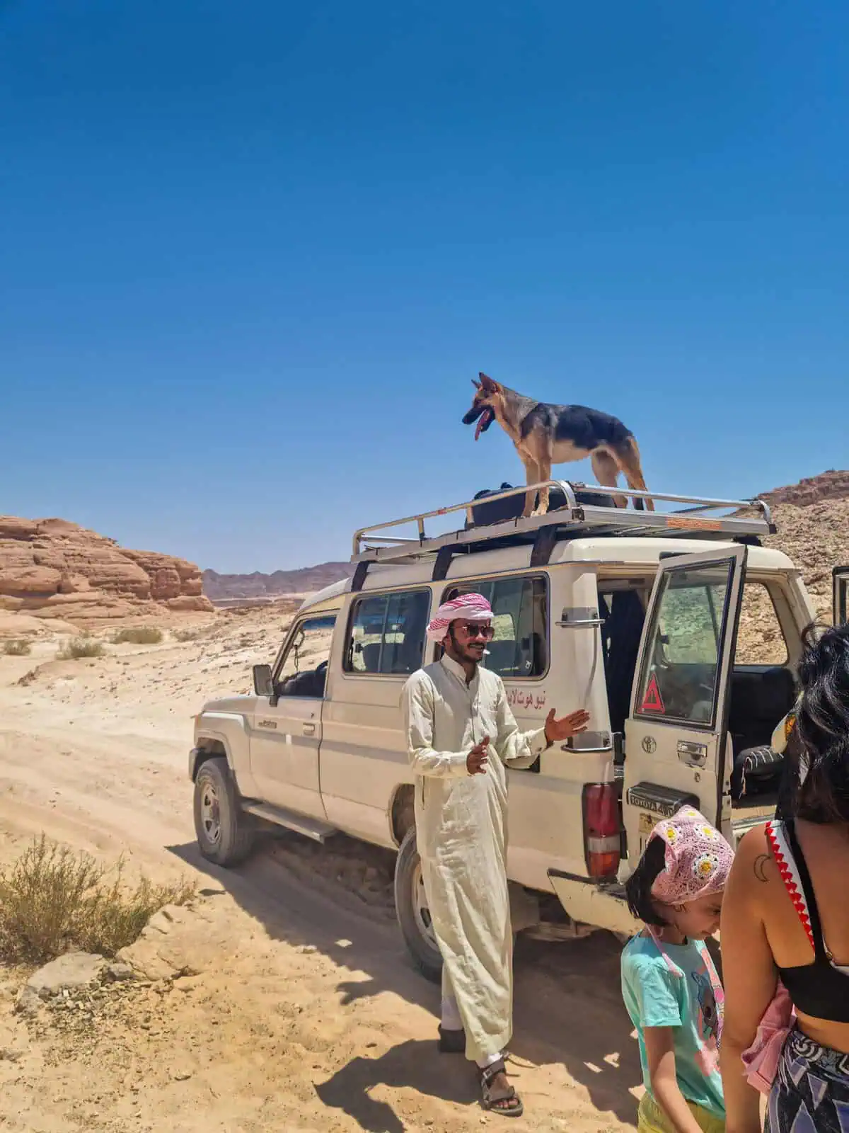 Una jeep con guida beduina e un cane sopra mentre aspettano i clienti che salgano per iniziare l' escursione nel deserto al Canyon