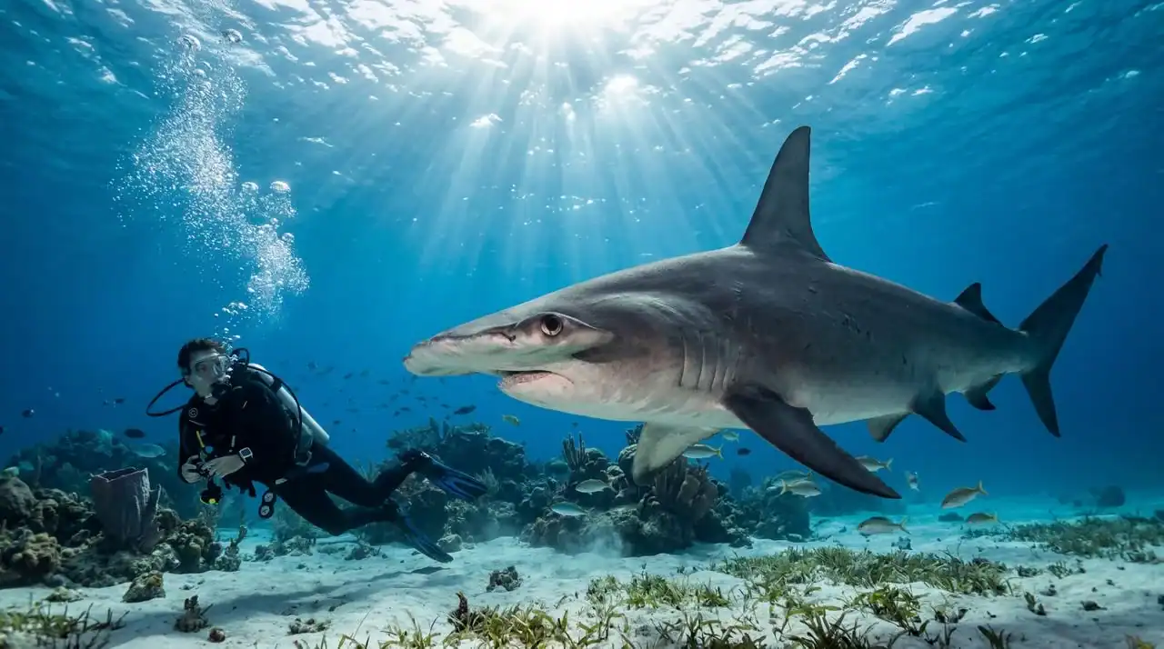 Squalo martello con immersionista, immagine generata con ai